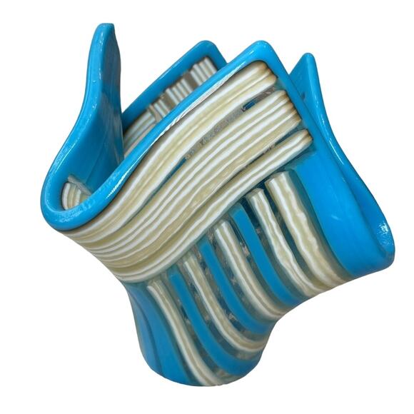Vintage Murano Ribbon Art‎ Deco Glass Handkerchief Bowl Dish Turquoise Blue